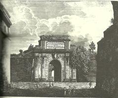 Rear view of Porta San Pancrazio in an engraving by Luigi Rossini