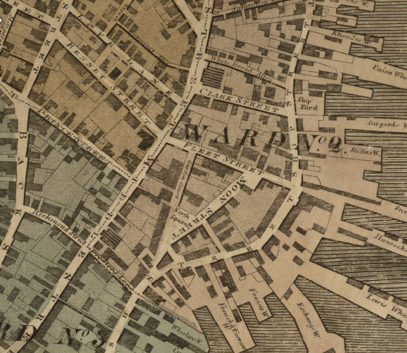 1814 detailed map of Boston showing North Square, Moon Street, Fleet Street, Prince Street, Love Lane