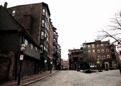 View of North Square with historic buildings and street in Boston Massachusetts