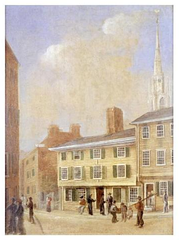Artistic illustration of North Square in Boston around 1845 by Rupert Sadler