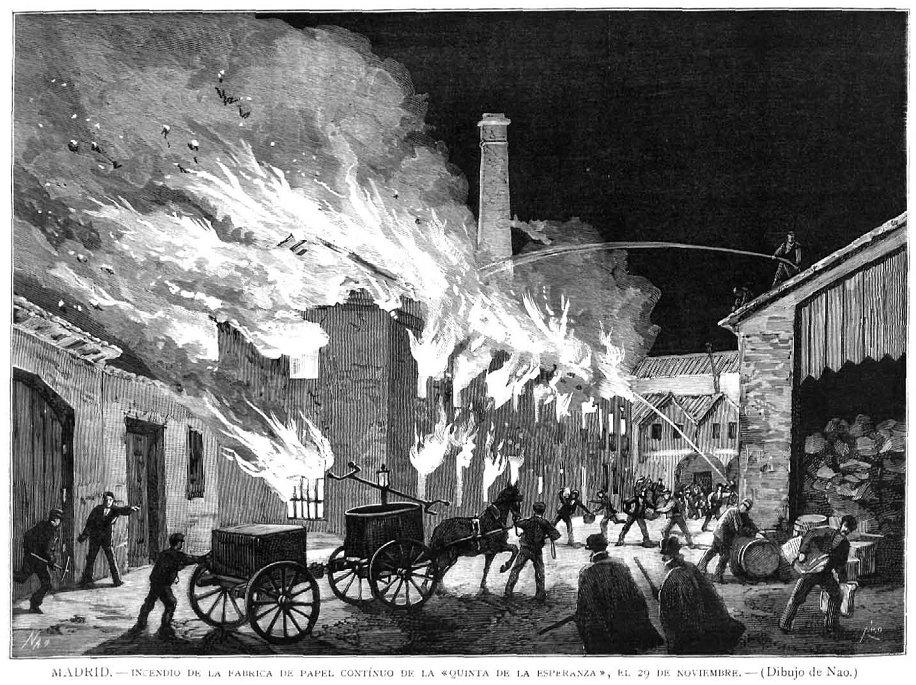 Fire at continuous paper factory Quinta de la Esperanza in Madrid November 29 1881