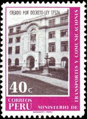 Stamp from Peru printed by Sanmartí in 1970 featuring Ministry of Transport and Communication