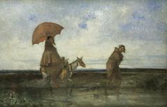 Group of friars crossing a shallow river ford in old rural setting