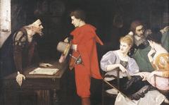Historical painting La venta de los títulos showing La casa del usurero from 1867