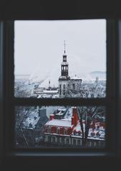 Snow-covered buildings and trees in Québec City during winter