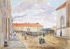 Jesuit Barrack and Quebec Market Place in Québec City with historic buildings and lively market scene