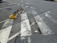 Jersey barriers with black and yellow stripes in Libeň, Czech Republic