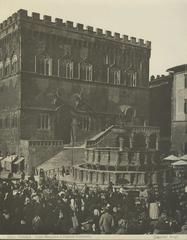 View of Fonte Maggiore fountain and Perugia City Hall in Perugia, Italy, historic black and white photograph by Carlo Brogi