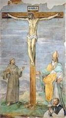 Crucifixion scene with Saints Francis and Herculanus by Hendrick van den Broeck