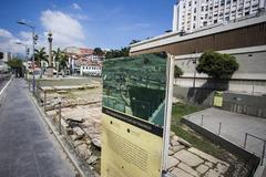 Cais do Valongo historical site in Rio de Janeiro with cobblestone pavement and people walking
