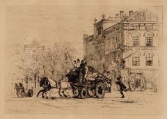 Vintage etching of firefighters rushing out from fire station at Weesperplein with the firehouse and former Bouw-en Woningtoezicht building in the background
