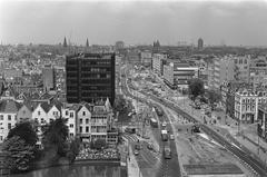 Overview of construction activities for metro development on Weesperplein and Weesperstraat in Amsterdam on May 16, 1972