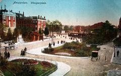 Weesperplein town square in Amsterdam with historical buildings and people walking