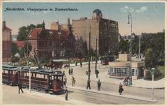 Weesperplein with Diamantbeurs in Amsterdam, postcard from 1930 showing tram lines 7 and 19