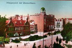 Weesperplein square with Diamantbeurs building in color postcard
