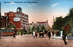 Weesperplein square with Diamantbeurs building and Flick cocoa advertisement in color postcard