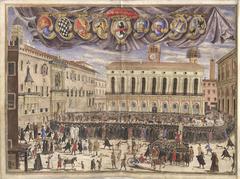 18th century event in Piazza Maggiore Bologna with crowd and buildings