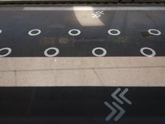 Social distancing marks on platform G and H at Lyon Part-Dieu train station during Covid-19