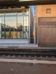 View of the new hall and La Part-Dieu tower at Lyon Part-Dieu train station Voie A