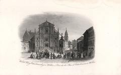 Street view of Vastrabramskaja Street in Vilnia with St. Teresa Church and Carmelite Monastery in 1862