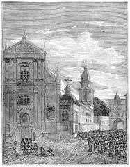 Street view of vulica Vastrabramskaja in Vilnia with historic Carmelite Church of St. Teresa and Vostraja Brama gate in 1876