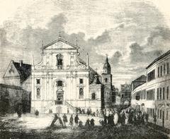 Historic view of Vilnius, Vastrabramskaja street with Church of Saint Teresa and Carmelite monastery in 1901
