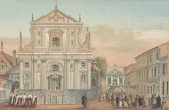 Historical view of Vilnia city street Vastrabramskaja featuring Saint Teresa Church and Carmelite Monastery in 1850