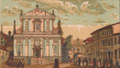 Street view of Vilnia's Vastrabramskaja Street featuring the Church of Saint Teresa and Carmelites monastery in 1850