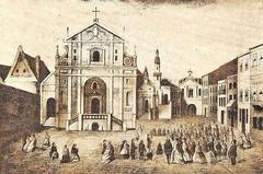 Historical image of Vilnia (Vilnius) showing Vastrabramskaja Street with the Church of Saint Teresa and Carmelite Monastery in 1860