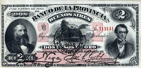 Portraits of Adolfo Alsina and Florencio Varela on Argentine 2 pesos gold coin