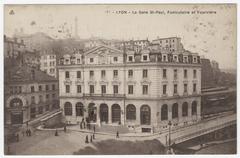 Black and white postcard view of Saint-Paul funicular station and Fourvière hill in Lyon from Place Saint-Paul
