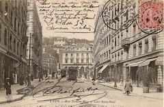 Rue Octavio-Mey and Gare Saint-Paul in Lyon around 1900 with vintage 1904 flame logo