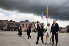 Vice President Joe Biden, Dr. Jill Biden, and U.S. Ambassador Michael McKinley walking on tarmac at El Dorado International Airport in Bogota, Colombia