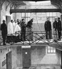 Bushranger Ned Kelly being led to the scaffold at Old Melbourne Gaol for execution
