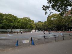 Komazawa Olympic Park with lush trees and walking paths under a clear blue sky