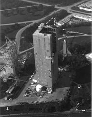 Space Shuttle Enterprise being hoisted into Dynamic Structural Test Facility