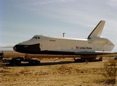 Side view of NASA Space Shuttle Orbiter OV-101 Enterprise arriving at Edwards Air Force Base for testing