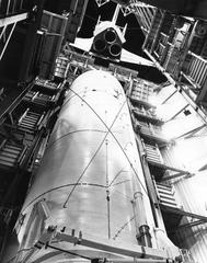 NASA Space Shuttle Enterprise lowered into vibration test facility at Marshall Space Flight Center