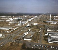 Shuttle Orbiter Enterprise transported south on Rideout Road near Redstone Arsenal Fire Station at Marshall Space Flight Center