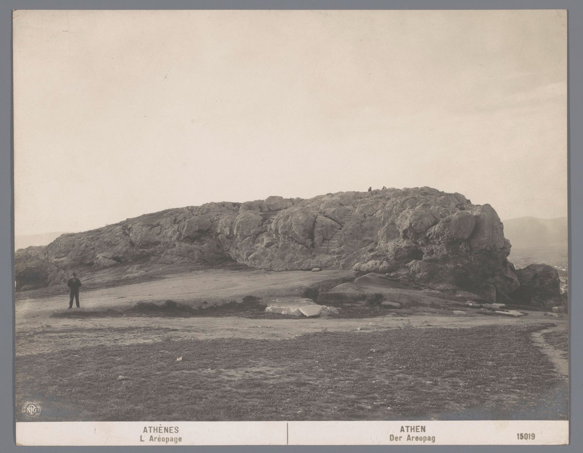 Vintage photograph of Areopagus hill in Athens showing ancient stone steps and surrounding cityscape