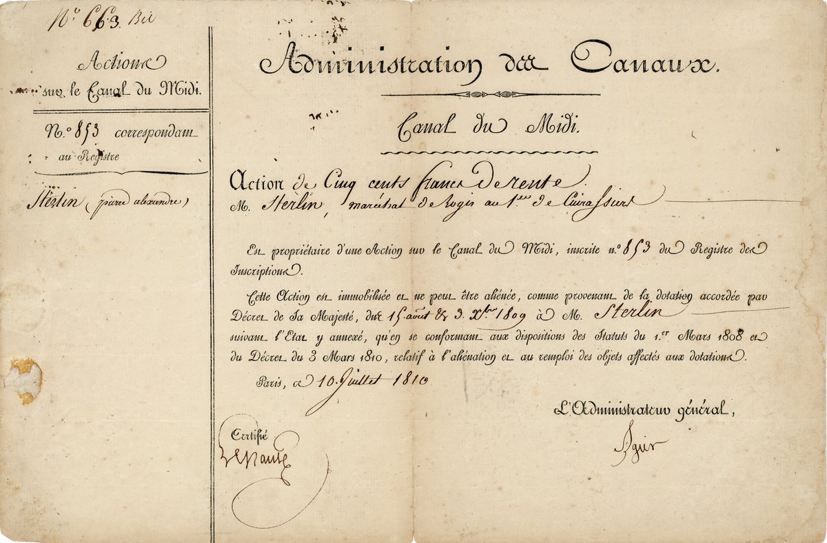 Stock certificate of Canal du Midi issued in Paris in 1810
