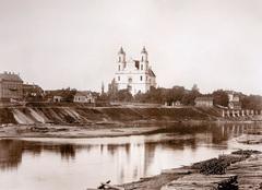 Historical view of Vilnia river Vyalia side at Lukiski with Saints James and Philip Church