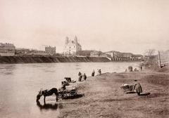 Historic view of Vilnia river and Vialla river near Łukiški with Church of Saints Philip and Jacob in the background