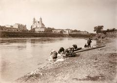 Historical view of Vilnia and Vialla river near Lukiski with the Church of Saints Philip and Jacob