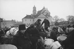 Historic black and white photograph of Łukiski Square in Vilnius during Kaziukas Fair in 1938
