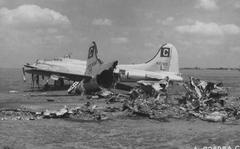 8th Air Force Boeing B-17 bombers on Poltava Airfield, Ukraine, after shuttle-bombing mission, destroyed by German Air Force attack