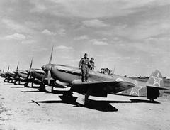 Yak-9D fighter aircrafts lined up at Poltava airfield during Operation Frantic