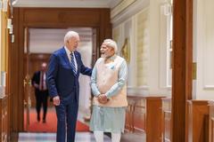 President Joe Biden greeting Prime Minister Narendra Modi at the Prime Minister's Residence in New Delhi on September 8, 2023