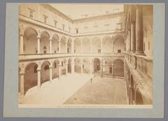 Historic photo of Cortile del Palazzo della Cancelleria courtyard designed by Bramante in Rome