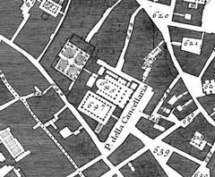 Historical map segment showing San Lorenzo in Damaso and Palazzo della Cancelleria in Rome from Nolli's 1748 map
